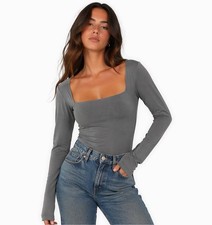 AMERICAN EAGLE Women s Dark Gray Long Sleeve Strappy Back Bodysuit Size Small