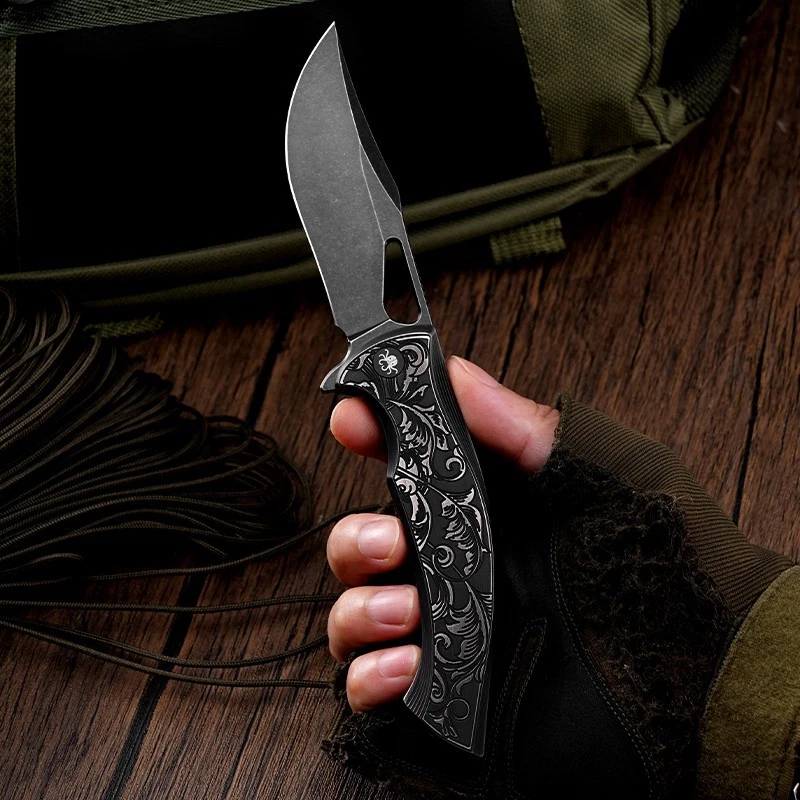 KLAKEN B11-HODR, M390 Hoja con Mango Tallado Titanio EDC Cuchillo de Bolsillo Plegable Foto 2 de 4