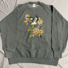 Vintage 90s Jerzees Bird Flower Art Gray Crewneck Sweatshirt Size L Made In USA
