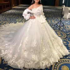 Ball Gown White Wedding Dress Long Sleeves Sheer Neck Bridal Gown Lace Big Bow