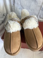 Chestnut Suede Leather Clog Slippers Fur Trim Faux Fur Lined