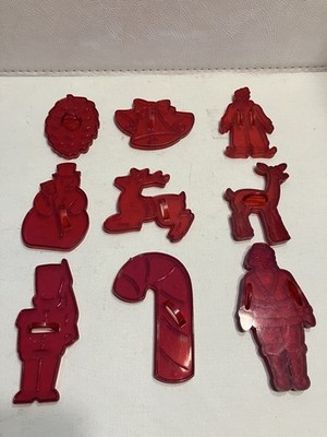 Vintage Clear Red Plastic Cookie Cutters HRM Xmas Santa Snowman Reindeer Set Lot