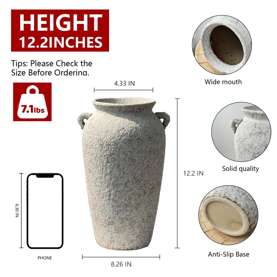 Ceramic Rustic Farmhouse Vase with 2 Handles, 12.2'' Tall Large Vintage Stone... - Image 2 of 4
