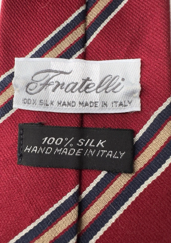 Corbata de seda hecha a mano Fratelli para hombre roja verde beige geométrica vintage Italia Foto 2 de 3