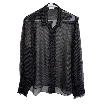 Akris Punto Top Women s 16 Black 100% Silk Polka Dot Ruffle Blouse Semi Shear U2