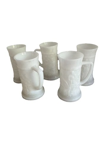 5 Vintage Federal Milk Glass 5 Beer Mug Stein Tankard Embossed Tavern Scene