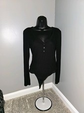 Black Ribbed V Neck Long Sleeve Bodysuit