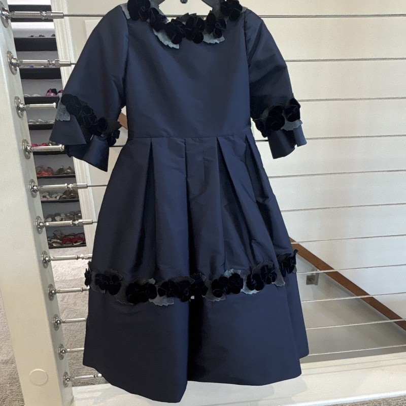 Isabel Garreton Girls Navy A-Line 3/4 Sleeve Knee Dress Bow Button Size 4