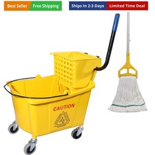 Commercial Mop Bucket with Side Press Wringer on Wheels, 35Qt,Yellow Includin...