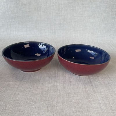 Denby Langley Harlequin 6.5  Soup Cereal Bowls Red & Blue Set Of 2 Utensil Marks