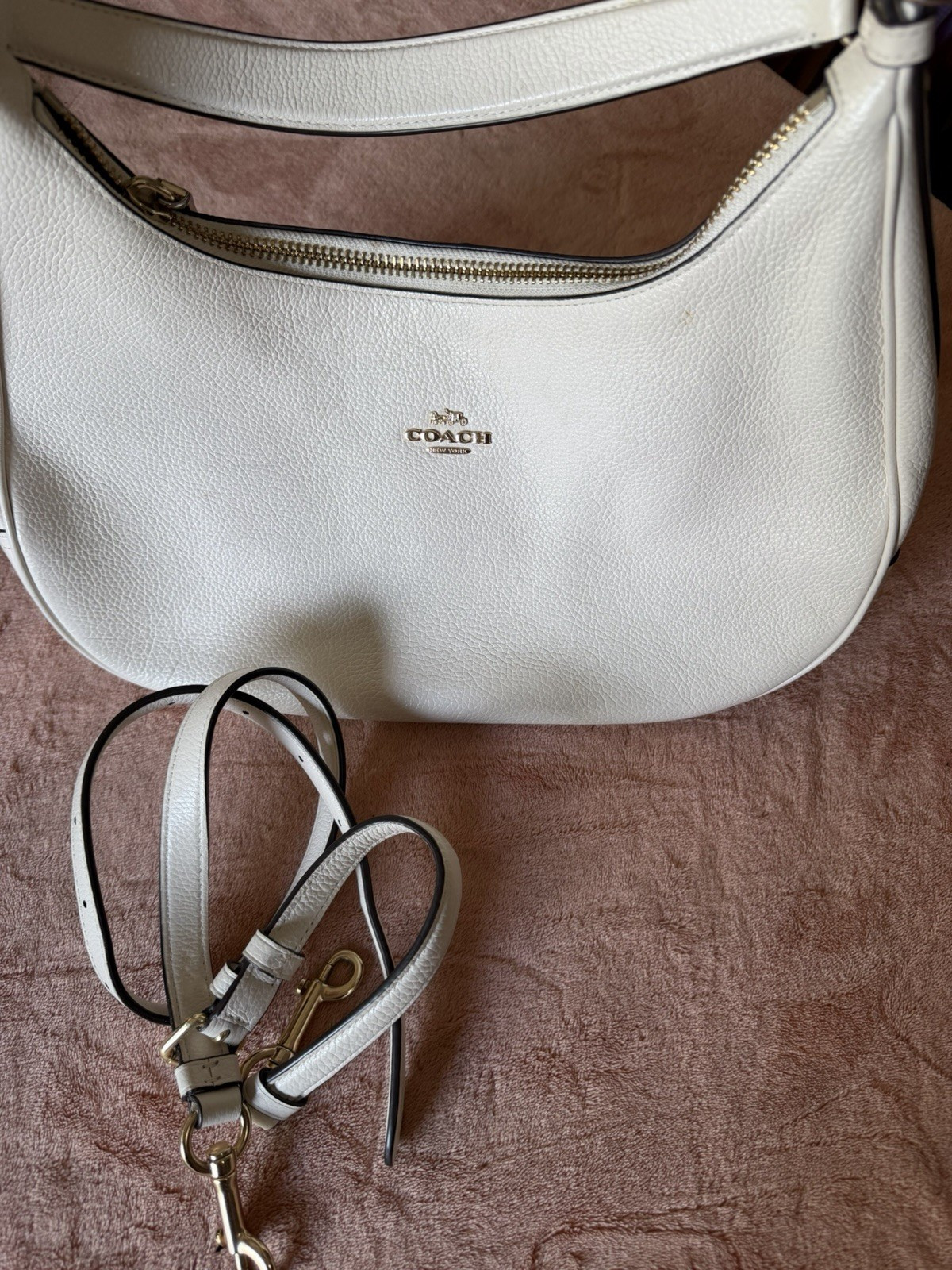 Coach White Pebbled Crescent Shoulder Bag Zip Closure Detachable Strap Pockets