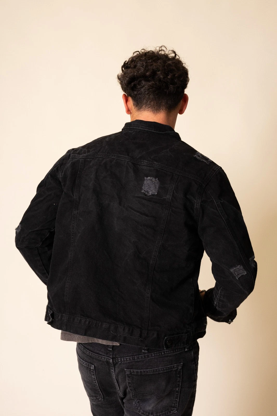 FOREVER 21 MAN Men's Black Distressed Denim Jacket Button Front Pockets L - product detail image 4