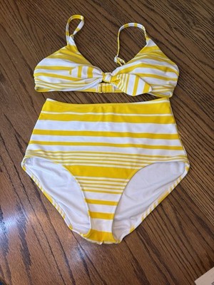 Aerie Striped Size L Scoop Bikini Top, Size M High Waisted Full Coverage Bottom
