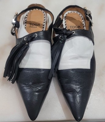 Womens Toga Pulla Buckle Pointed Mules Black White Size 35 / 5