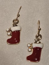 Christmas Red White Enamel Stocking Earrings