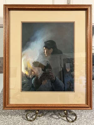 Attributed J. R. Willis ''Tall Scout - Native Man By Fire'' Gouche Painting