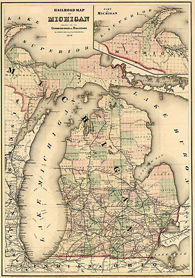 1874 Michigan Railroad Map Wall Art Poster Print Decor Vintage History