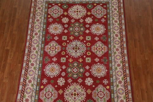 Red/ Ivory Geometric Kazak 7x10 Area Rug Wool Hand-knotted Vegetable Dye Carpet - Picture 3 of 12