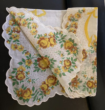 Vintage Hanky Sheer Wht Yellow ROSES Floral Printed Cotton Grandma COTTAGECORE 