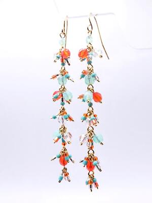 EXQUISITE Orange Blue Opal Crystals Gold Filled Waterfall Chandelier Earrings