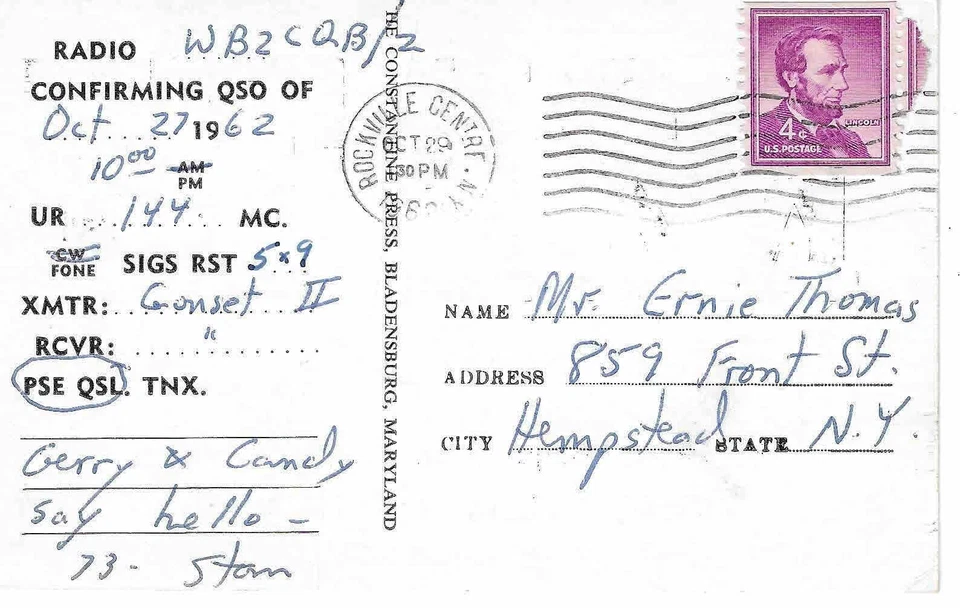 US Sc # 1058  coil on QSL card Vintage Ham Radio Amateur,Long.Is. New York  1962 - Image 2 of 2