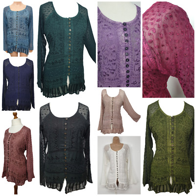Damen Langarm Bluse Boho Top Tunika bestickt Größe 14,16,18,20,22,24,26