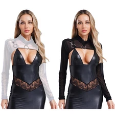 Womens Mock Neck Long Sleeve T-Shirt See Through Mesh Half Crop Top for Lingerie