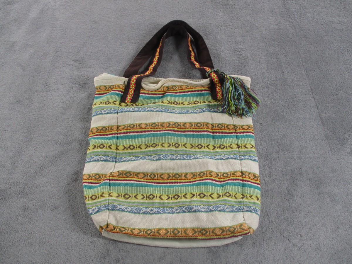 Womens Boho Embroidered Colorful Cotton Tote Bag with Pom Pom