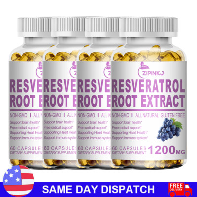 1-4 Pack Resveratrol Capsules 1200Mg - Natural Anti Aging Antioxidant Supplement