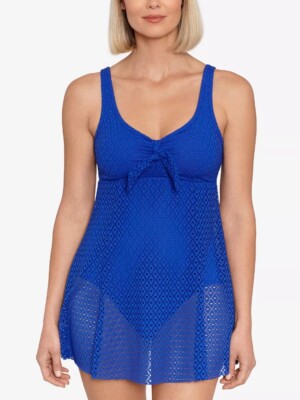 Swim Solutions Women's Crochet Bow-Front Tummy-Control Swimdress Cobalt Blue