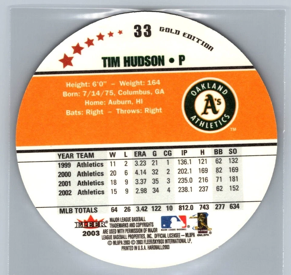 Tarjeta de béisbol Tim Hudson 2003 Fleer Hardball edición dorada #33 Oakland Athletics Foto 2 de 2