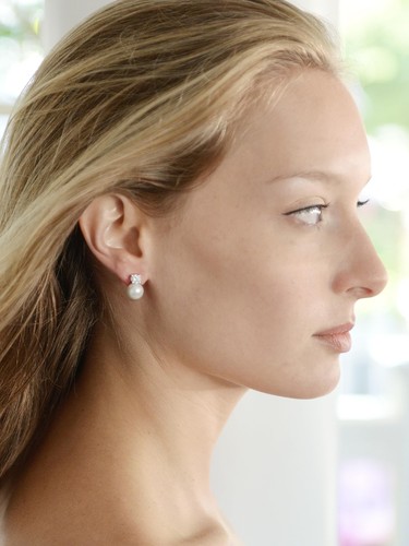 Mariell White Pearl Bridal Earrings with Cubic Zirconia Crystal Top, 9mm Whit... - Picture 2 of 9