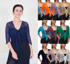 Ladies Bolero Shrug Crochet Glitter or Plain Stretch Fish Net Tie Waist 