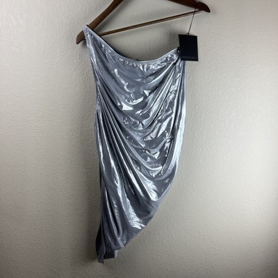 Norma Kamala Dress Women XL Silver Chrome Asymmetrical Shinny Dianna 