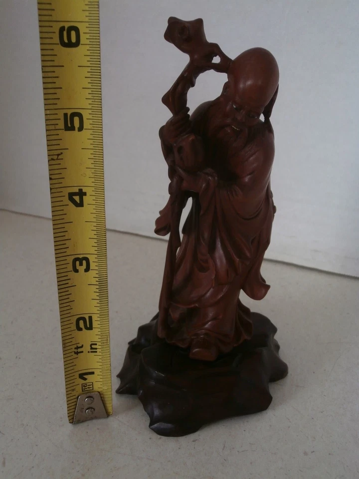 ANTIGUA FIGURA CHINA DIOS DE LA LONGEVIDAD SHOU XING TALLADA A MANO PALO DE ROSA Foto 3 de 4