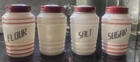 Vintage Hazel Atlas Beehive 1950s Milk Glass Salt Pepper Flour And Sugar Shakers