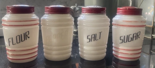 Vintage Hazel Atlas Beehive 1950s Milk Glass Salt Pepper Flour And Sugar Shakers