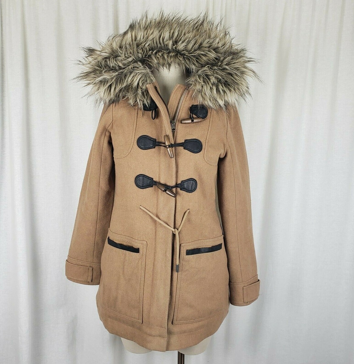 Abercrombie & Fitch Hooded Duffle Coat Fur Trim Wool Toggle
