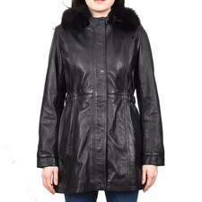 Women's Modern Smart Long Sheep Nappa Leather Coat Hood With Fur Black Dr204