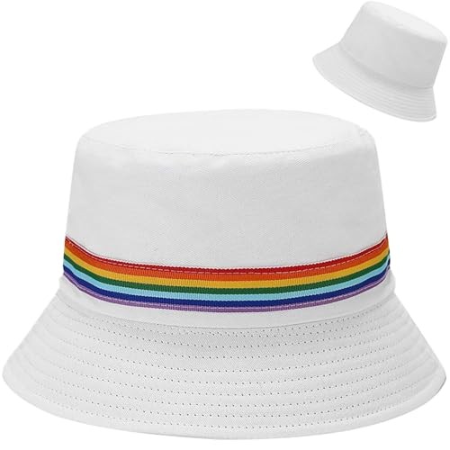 Bucket Hat Beach Sun Hat Fishing Hat for Women Men, One Size Rainbow White