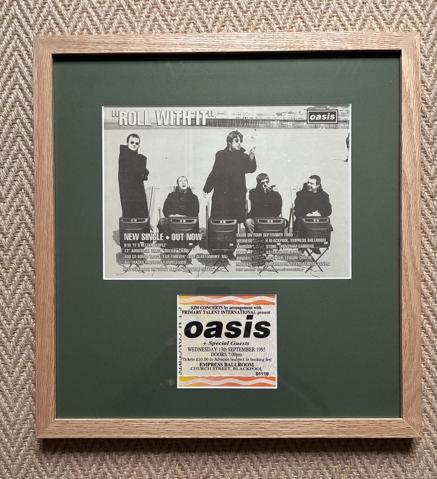OASIS-  13/9/1995 Empress Ballroom, Blackpool  ticket and original advert-Framed