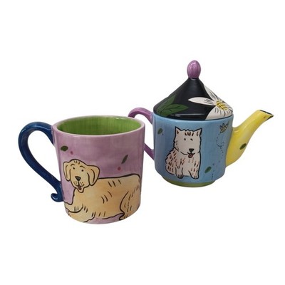 Groovy Dog Cat Chaleur Ceramic Stackable Teapot Mug Set L Cheng Daisy Flower
