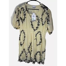 Ganni NWT Women Sz 40 US 8 Butter Yellow Pleated Dress Floral Coquette Fairy
