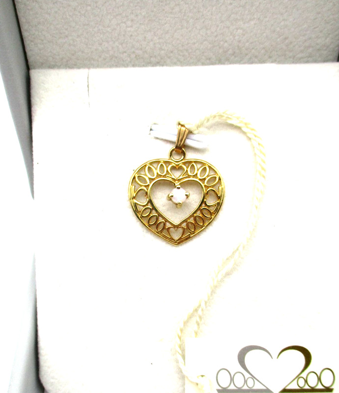 NEW with Tags 14K Yellow Gold Opal Heart Filigree Pendant 1.0 Gr [P69]