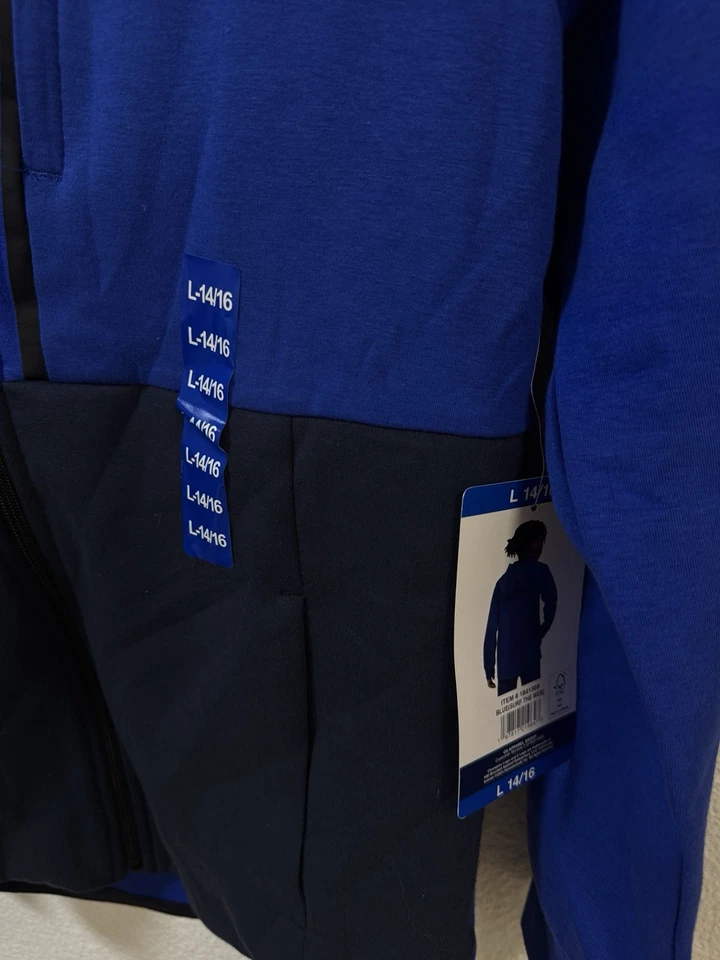 Champion 连帽衫男孩 L 14/16 蓝色全拉链口袋色块 Raglan 标志 — 第 2/4 张图片