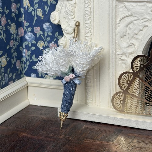 VTG 1:12 Dollhouse Miniatures Victorian Parasol Umbrella Blue White Roses