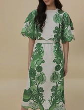 FARM RIO FESTIVAL 2 PC Linen Crop Top & Skirt Green & White Tropic Set Dress