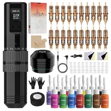 Wireless Tattoo Kit Complete Rotary Pen Machine 1400mAh Power Adjustable Stroke