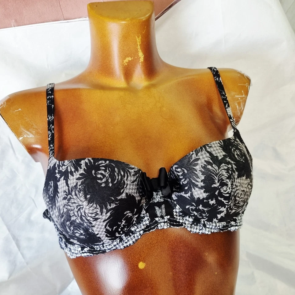 Aubade Vintage Y2K Black White Floral Lace Luxury Balconette Bra 34B  - Image 2 of 4