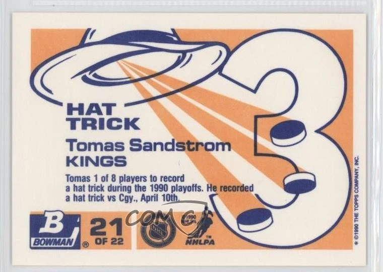 1990-91 Bowman Hat Tricks Glossy Tomas Sandstrom #21 - Image 2 of 2